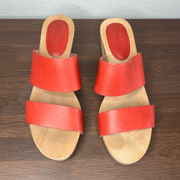 Madewell Lipstick Red Double Strap Leather Wood Clara Clog Heeled Sandal - Picture 5 of 14